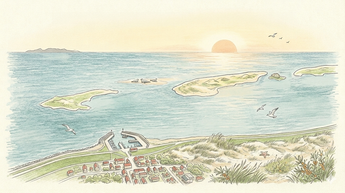 Norddeich aus der Vogelperspektive mit Hafen, Mole und den ostfriesischen Inseln